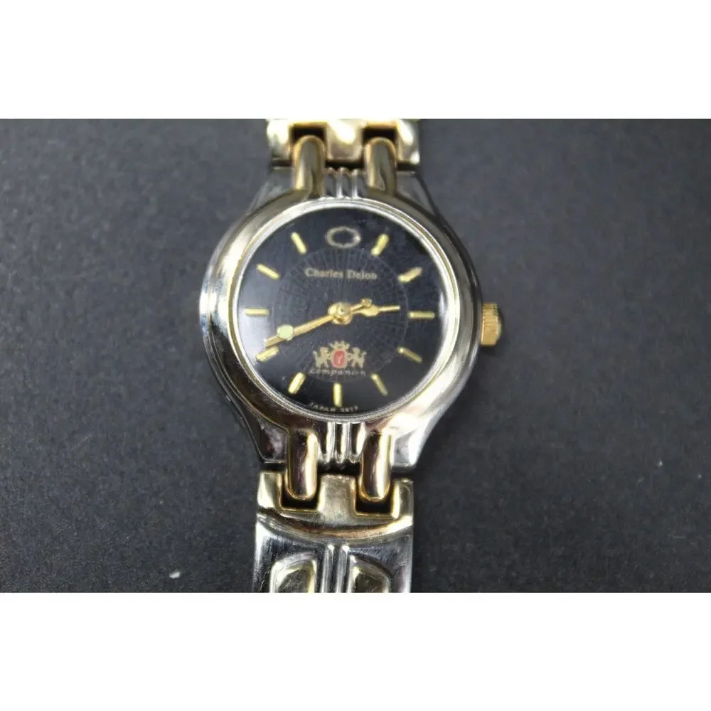 Charles Delon Black Dial Round Silver Tone Case Two Tone Band Watch New battery